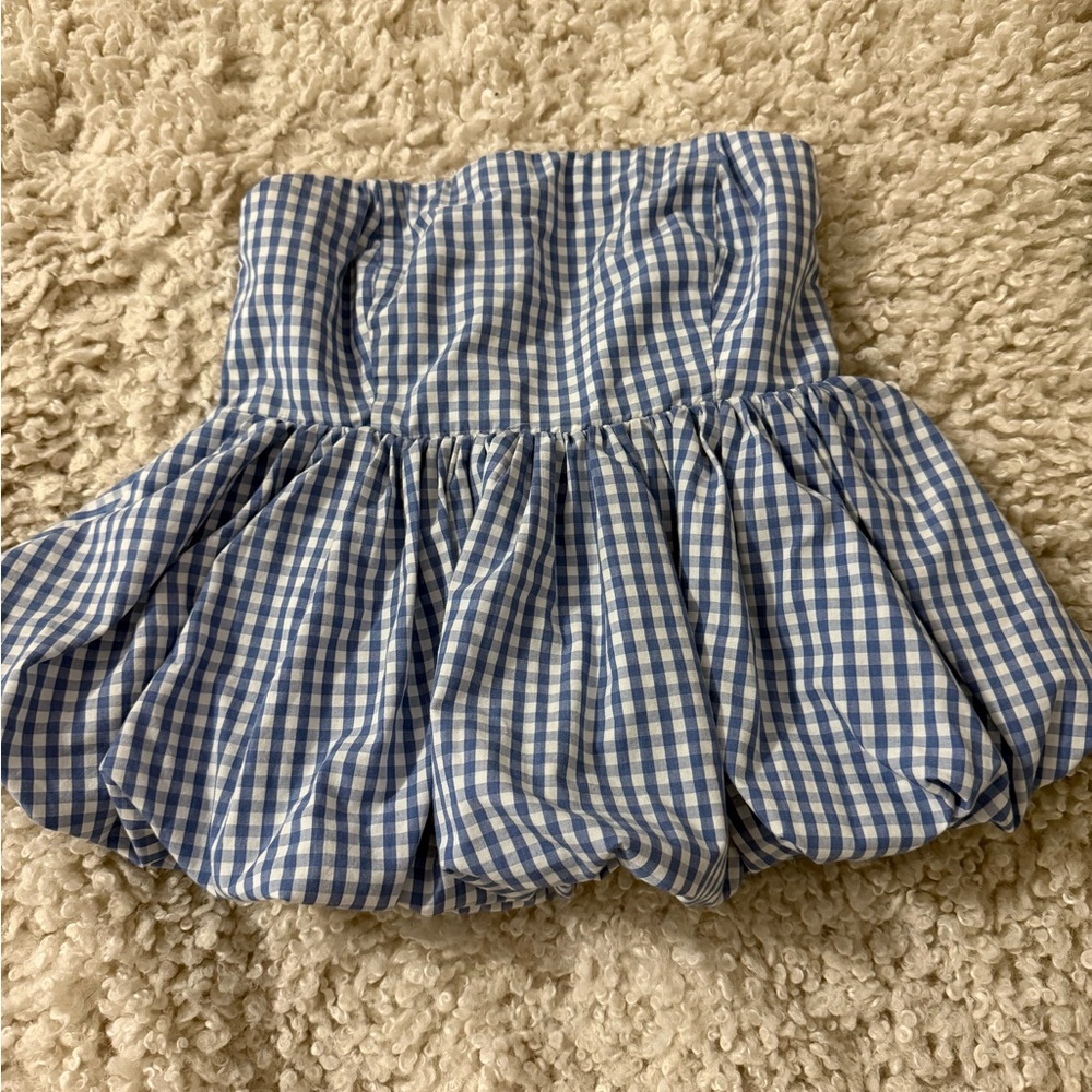 Blue Gingham Strapless peplum top